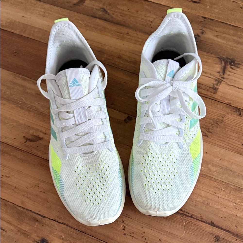 Women’s Adidas White and Bright Yellow Running Shoes